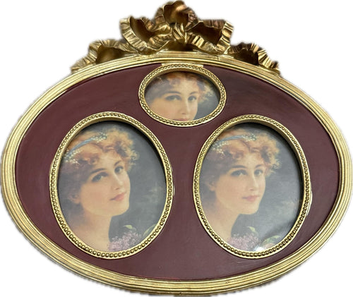 Vintage Wall Decor, Gold Metal, Oval Triple Portrait Display, Ornate Baroque Style, Wall Mount or Tabletop, 20x20 cm